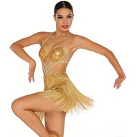 Women Glittery Sequin Belly Latin Tango Cha-cha Ballroom Dance Dress Costume Tiered Tassel Strappy Halter Push-up Bra Mini Dress