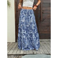 2026 Western Bohemian Printed Cloud High-Waisted Casual Comfortable A-Line Flowy Layered Non-Stretch Elegant Skirt