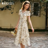 OLrain Summer French Style Dresses 2026 Woman Elegant Ladies Printed Short Sleeve Tied Waist Wrap Midi Dresses Female O57XL98888