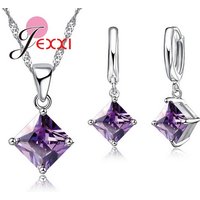8 Colors 925 Sterling Silver Women Wedding Beautiful Pendant Necklace Earrings Set Clearly Square Crystal Jewelry Sets