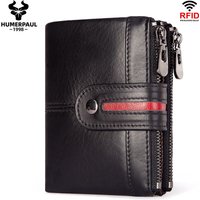 HUMERPAUL 100% Genuine Leather Mens Casual Wallet RFID Blocking Credit Card Holder with Zipper Coin Pocket Short Male Clutch Bag