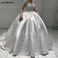 Customized Satin Ball Gown Long Sleeves Wedding Dress 2026 Princess Lace Appliques Pearl Beaded Bride Gown Vestido De Novia