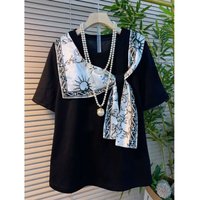 Large Size Women's Clothing Summer New Elegant Style Loose and Thin Silk Scarf Splicing Round Neck Short-sleeved T-shirt