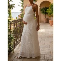 Maternity Women's White Halter Backless Textured Maxi Dress, Elegant Gown for Baby Shower, Beach Vacation