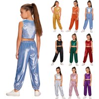 Kids Girls Metallic Shiny Hip Hop Jazz Street Dance Outfit Crop Vest Tops with Pants Cheerleading Skateboard Performance Costume