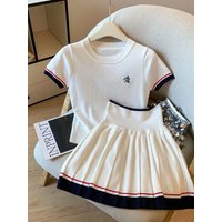 American College Style Women's Summer New Embroidery Design White Top Sweet And Spicy Pleated Short Skirt Two-Piece Set