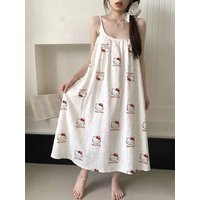 Hello Kitty Women's Summer Built-in Bra Cami Midi Nightdress Cute Cartoon Print Outdoor-Ready Elegant Sleepwear Loungewear