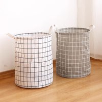 Foldable Cotton Linen Laundry Hamper With Dual Handles, Large Capacity Grid Pattern Dirty Clothes Storage Basket For Bedroom Bat