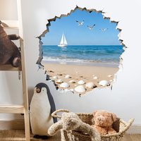 Wall Hole Art Sunny Sea View Mural Sandy Beach Shell Blue Waves Sailboat Seabird PVC Stickers for Aesthetic Room Home Decoration