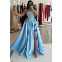 Mila Blue A-Line Wedding Party Dress Customized Side High Split Satin Evening Dresses One Shoulder Sleeveless vestidos de fiesta
