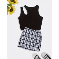 2 Piece Summer Matching Outfits Women Cutout Ribbed Crop Tank Top + Houndstooth Split Mini Skirt Casual Y2K Two Piece Set
