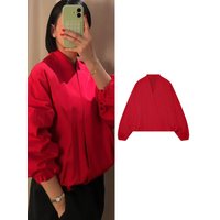 TFMLN Fashion Red Short Bomber Jacket For Women Loose Fit V Collar Long Sleeve Coat 2026 Spring Autumn Female Street Outerwear
