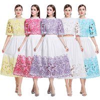New round Neck Hollow Embroidery Top High Waist Half Body Embroidery Color Block Skirt Set Women's Fashion Summer Outfit