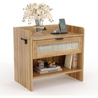 Rattan Bedside Table Nightstand Bedside Cabinet with Type-c Charging Station & 1 Drawer Sofa End Table for Bedroom Living Room