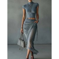 Short Top Maxi Skirts Solid Matching Sets, Women Summer Fashion Patchwork Simple Outfit, 2026 Buttons Sexy Slim Fit Ladies Suits