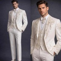 Luxurious Crystals 3 Pieces Men Suits Single Breasted Notched Lapel Groom Wedding Tuxedos Pearls Formal Party Customized