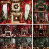 Mocsicka Royal Christmas Fireplace Photography Backdrop Xmas Tree Wreath Gift Room Background New Year Family Kids Photo Studio