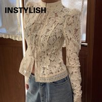 Summer Lace Printed Shirts Tops Female Hollow Out Fashion Commute Vintage See Through Blouse Women's Lace Shrug Shirts New