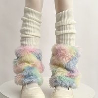 Cute Colorful Rainbow Leg Warmer Plush Imitation Fur Japanese Women Knitted Over Knee Tube Winter Warm Long Leg Cover Socks