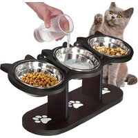 Elevated Cat Food Bowl with Black Wooden Support Frame Stainless Steel Cats Bowls 15° Stand Sloped Feeding & Watering Supplies