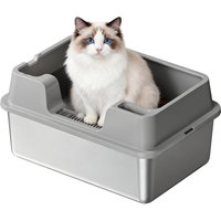 XXL Stainless Steel Cat Litter Box with Lid and Scoop for Big Cat Metal Litter Pan Tray with High Wall Sides Enclosure Non-Stick