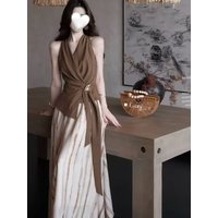 New French Retro Fashion Women's Two Piece Set Halter V-neck Sleeveless Slim Top + Striped A-line Skirt Elegant Outfit