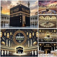 Umrah Mubarak Photography Backdrop Kaaba Mecca Mosque Lantern Hajj Umrah Celebration Islamic Religious Portrait Decor Background
