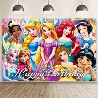 Princess Happy Birthday Backdrop, Multi Princess Characters Castle Floral Background Banner for Girls Princess Themed Birthday