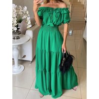 Sexy Summer Vacation Style Wrap Chest Short Sleeve Waist Cinched One Shoulder Long Dress A-Line Skirt High Waist Pure Color