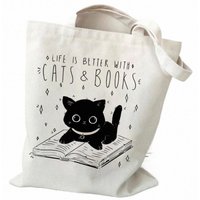 Life Is Better with Cats & Books Canvas Tote Bag, Cute Black Cat Book Lover Print Shoulder Bag, Handbag for Book Cat Lovers