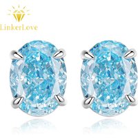 LinkerLove S925 Silver Aquamarine Earrings Oval Cut 1.5CT Aquamarine Stud Earrings for Women March Birthstone Fine Jewelry Gift