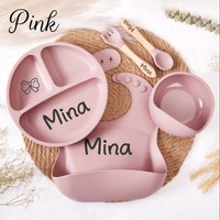 5pcs Personalized Custom Name&Symbol Silicone Weaning Set, Cartoon Weaning Set for Toddler Baby Kids, Feeding Set with Name, Bab