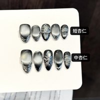 10pcs Cyberpunk Style Handmade Press On Nails Glossy Silver Black Almond Fake Nails With 3D Relief Flower Decor False Nail Tips