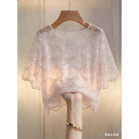 Ladies' elegant handmade pearl semi transparent top - bright pink casual fashionable short sleeved shirt