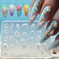 1pcs 3D Summer Ocean Silicone Nail Mold Cute Conch Seashell Starfish Dolphin Nail Gel Template Marine Nail Carving Charms Tools