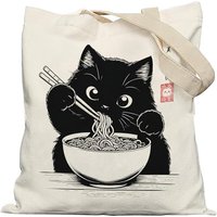 Cartoon Black Cat Shoulder Bag Funny Noodle Sushi Cat Shoulder Bag Women's Daily Shopping Bag Portable Foldable Tote Bag