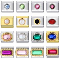 URING Trendy Rectangle Ellipse Round Colorful CZ Charms Italian Links 9mm Bracelets Bangle Stainless Steel DIY Making Jewelry