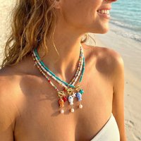 Bohemian Ceramic Fish & Starfish Pendant Necklaces for Women Men Colorful Rice Beaded Chain Necklaces Lightweight Beach Jewelry