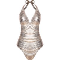 Womens Shiny Metallic Swimsuit Snakeskin Snake-skin Pattern Lacing Halter One-Piece Bodysuit Swimwear Swimming Bathing Suit