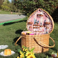 Outdoor Pull LOVE Shaped Picnic Basket Container Multi-function Rattan Weave Picnic Carrier Camping Food Storage Box