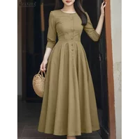 Women Long Vestidos ZANZEA Elegant Office Lady Dresses 3/4 Sleeve Casual Solid Summer Buttons Fashion Party Midi Robe Streetwear