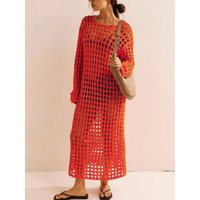 Women's Boho Long Sleeve Maxi Dress Open Knit round Neck Hollow out Sheer Loose Casual Beach Cover up for Summer Streetwear