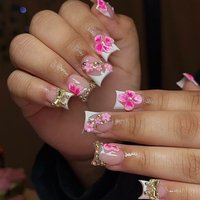 24Pcs 3D Flower Golden Bow Fake Nails Short Duckbill Full Cover Nails Tips White French Rhinestone Wearable Press on False Nails