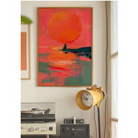 "Vivid Red Sunset Solitude Wall Print Decor - Bold Impasto Oil Painting of a Lone Figure at Sunset, Modern Abstract Seascape Art