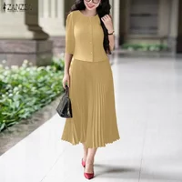 2026 ZANZEA Spring Outfits Office Lady Dress Sets Stylish Women 2 Pieces Sets Casual O Neck 3/4 Sleeve Blouse Pleated Skirt Suit