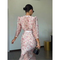 Summer Women Floral Dress Dark V Collar Short Sleeve Single Breasted Tunic Slim Female Dress High Street Vacation 2026 Clothes