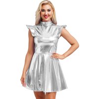 Women Shiny Mock Neck Cap Sleeve High Waist A-line Dress Modern Dance Rave Party Dress Ups Costume Bar Club Wear Street Wear
