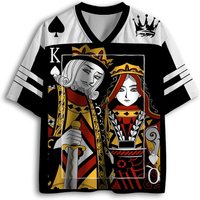 Poker King Queen Spades Printed Mesh Shirt Retro Card Game Pattern V-neck Short Sleeve T-shirt for Adults and Children