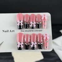 10pcs high-end Sweet and cool style, hand-painted three-dimensional bowknot, shiny round diamonds handmade fake nails