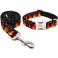 Personalized Fire Pattern Pet Collar Custom Puppy ID Tag Adjustable Cat Accessory Black Fire Basic Dog Collars Leash